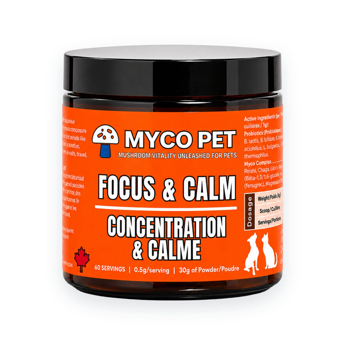 Myco Pet Focus and Calm jar, 60 servings, on a white background