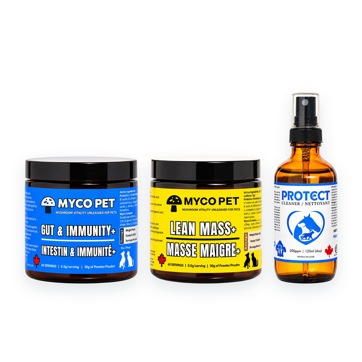 Myco Pet Itchy Pet Protocol: Gut and Immunity+ jar, Lean Mass+ jar and PROTECT spray together on a white background