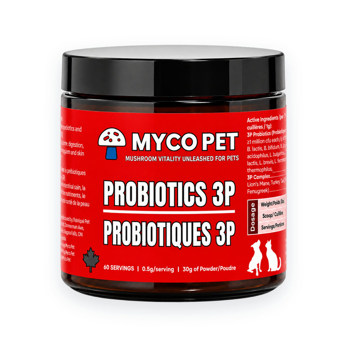 Myco Pet Probiotics 3P jar, 60 servings, on a white background