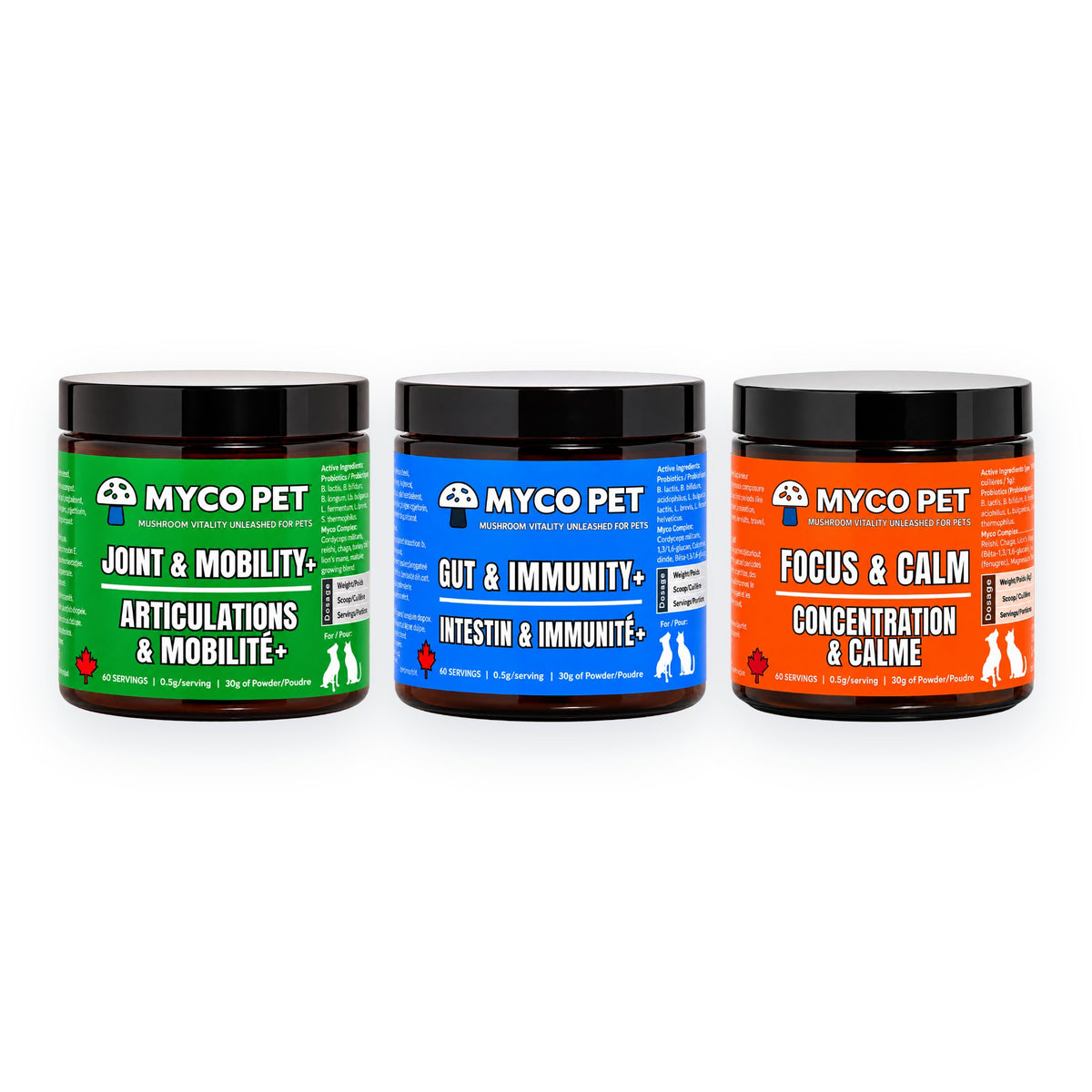 Senior Pet Protocol: Joint and Mobility+, Gut and Immunity+ and Focus and Calm jars together on a white background