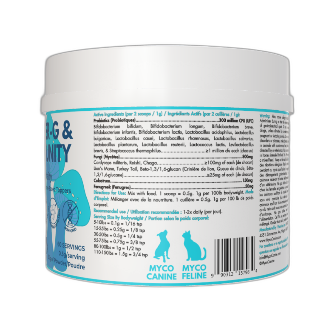 Myco Canine dog supplements allergies immunity immune skin rash gut health probiotics mushrooms chaga turkey tail cordyceps reishi lion's mane health