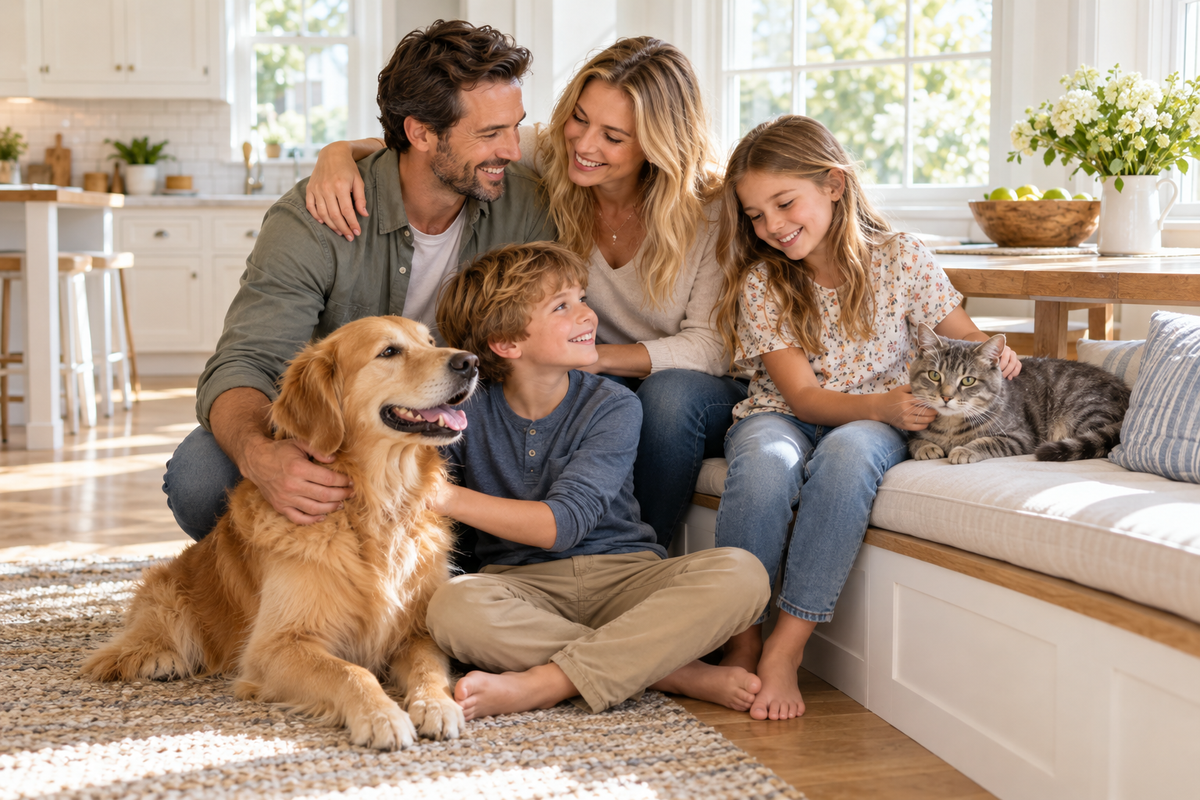 A happy family in the kitchen with their dog and cat