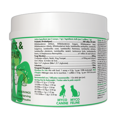 Myco Canine dog supplements hip and knee joints injury and surgery recovery rehab detox liver and kidneys allergies immunity immune skin rash gut health probiotics mushrooms chaga turkey tail cordyceps reishi lion's mane health