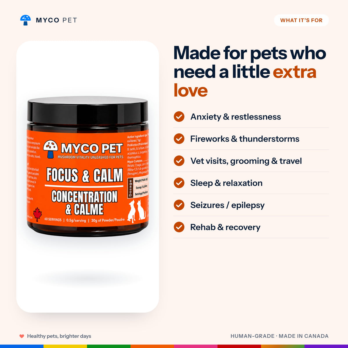 What Focus and Calm is made for: anxiety and restlessness, fireworks and thunderstorms, vet visits, grooming and travel, sleep and relaxation, seizures / epilepsy, rehab and recovery