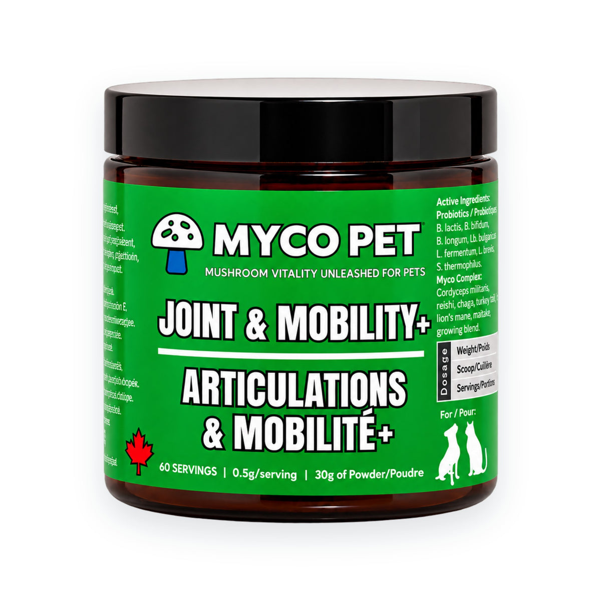 Myco Pet Joint and Mobility+ jar, 60 servings, on a white background