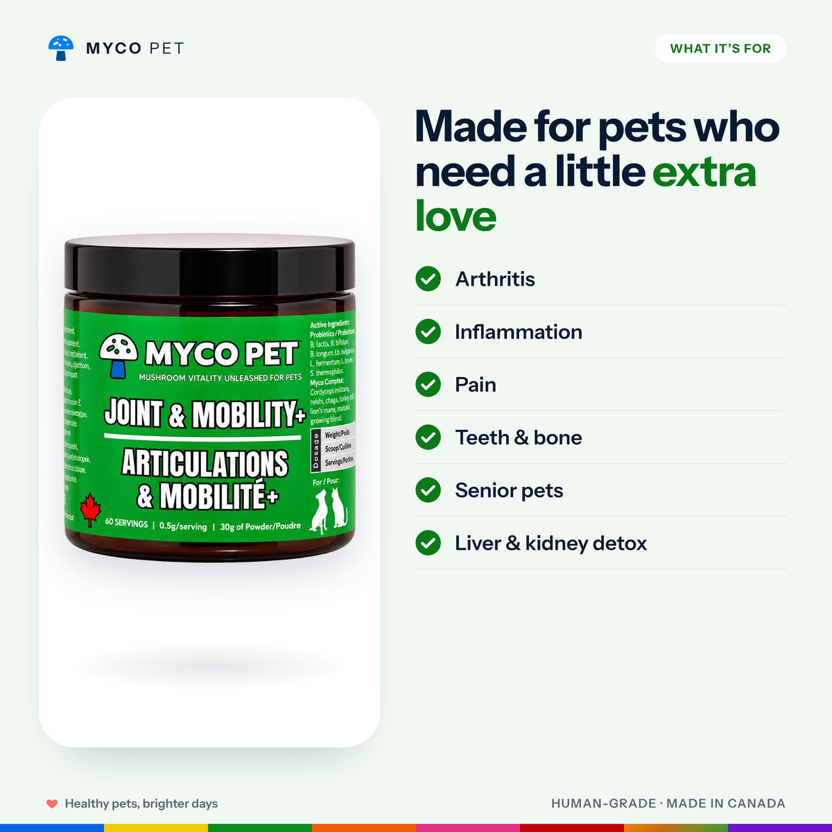 What Joint and Mobility+ is made for: arthritis, inflammation, pain, teeth and bone, senior pets, liver and kidney detox