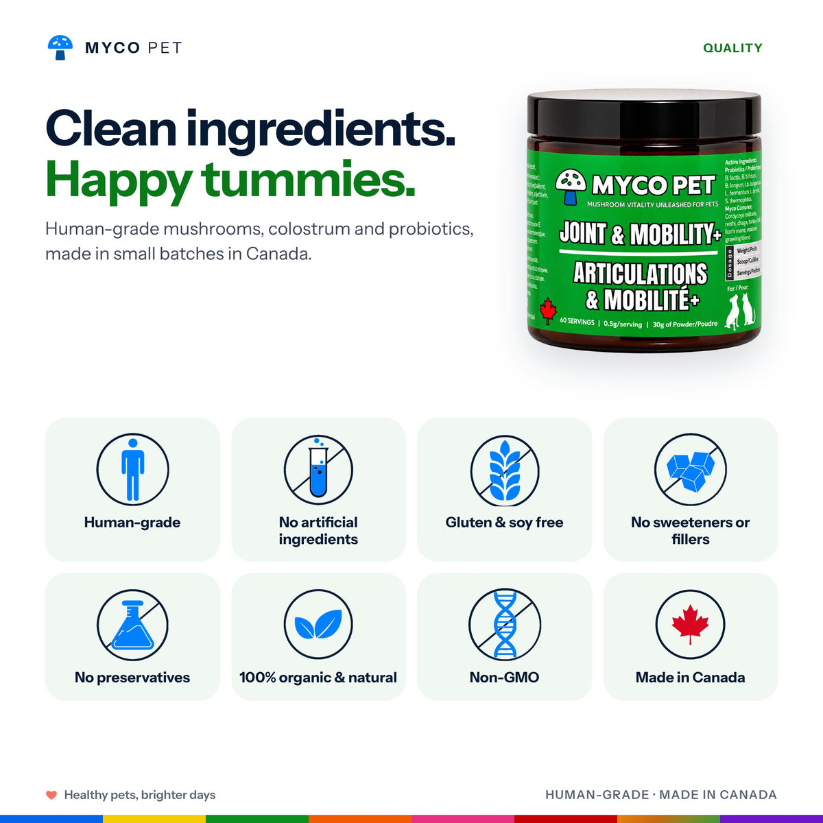 Joint and Mobility+ quality standards: human-grade, no artificial ingredients, gluten and soy free, no sweeteners or fillers, no preservatives, organic and natural, non-GMO, made in Canada
