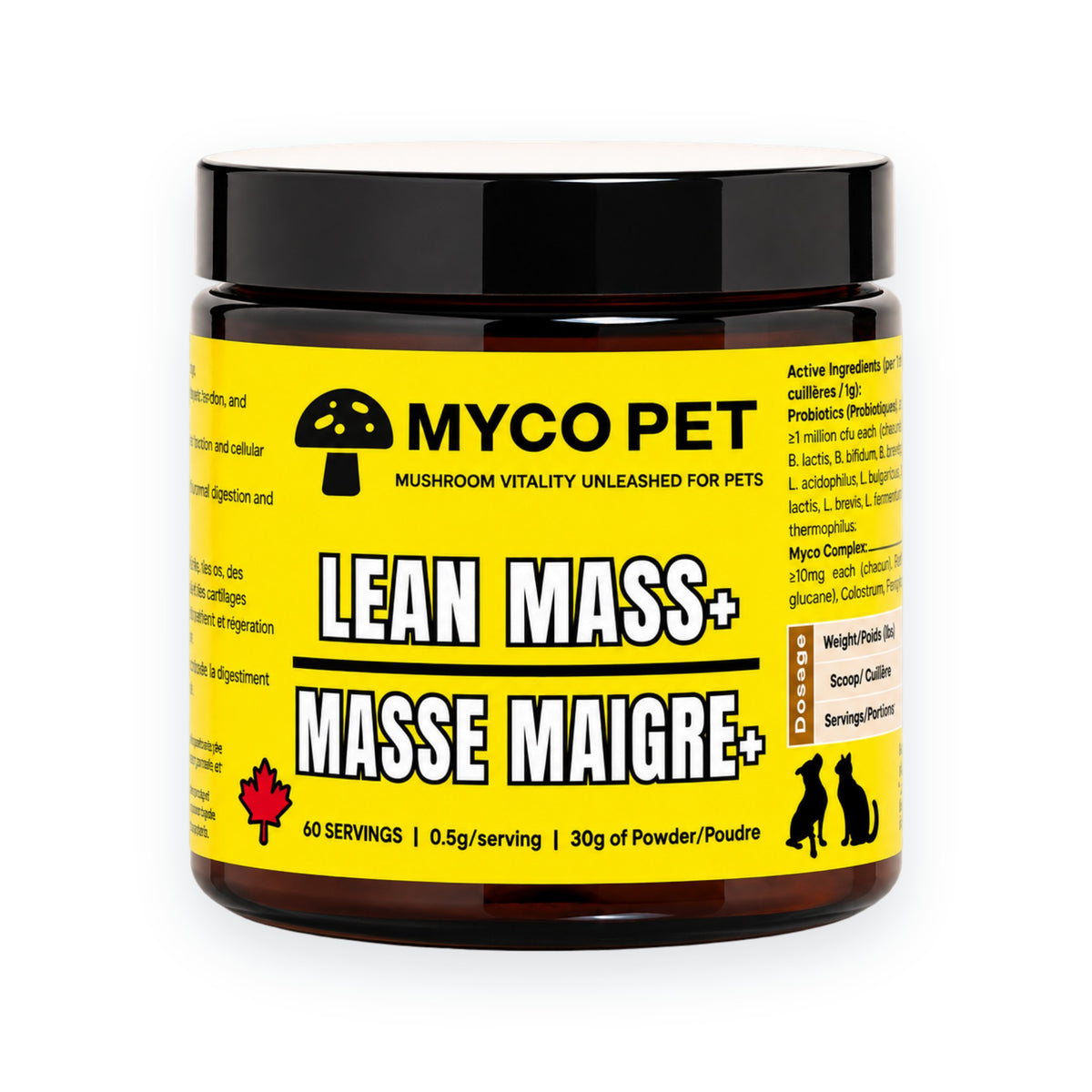 Myco Pet Lean Mass+ jar, 60 servings, on a white background