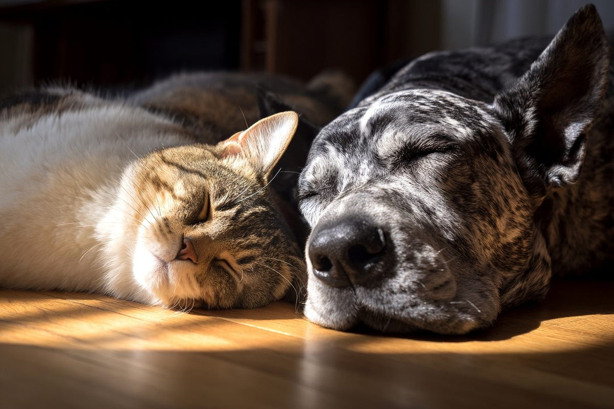 A cat and a dog sleeping peacefully side by side