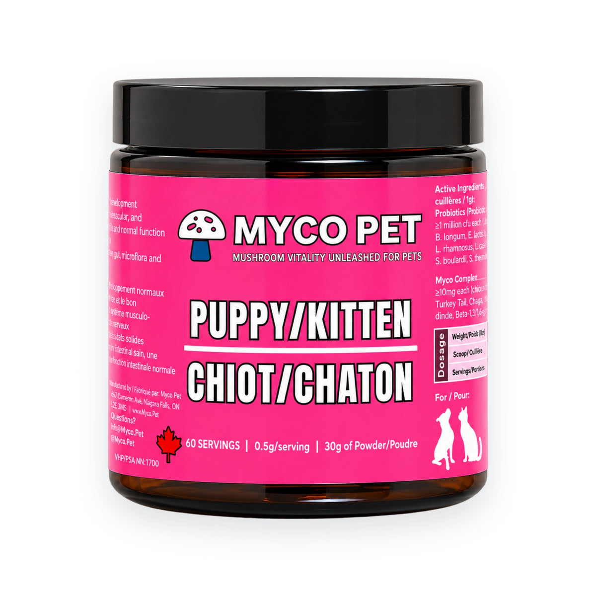 Myco Pet Puppy/Kitten jar, 60 servings, on a white background