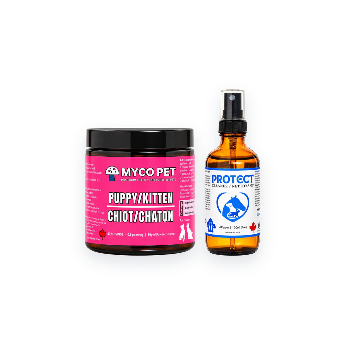 Puppy and Kitten Starter Bundle: Puppy/Kitten jar and PROTECT spray together on a white background
